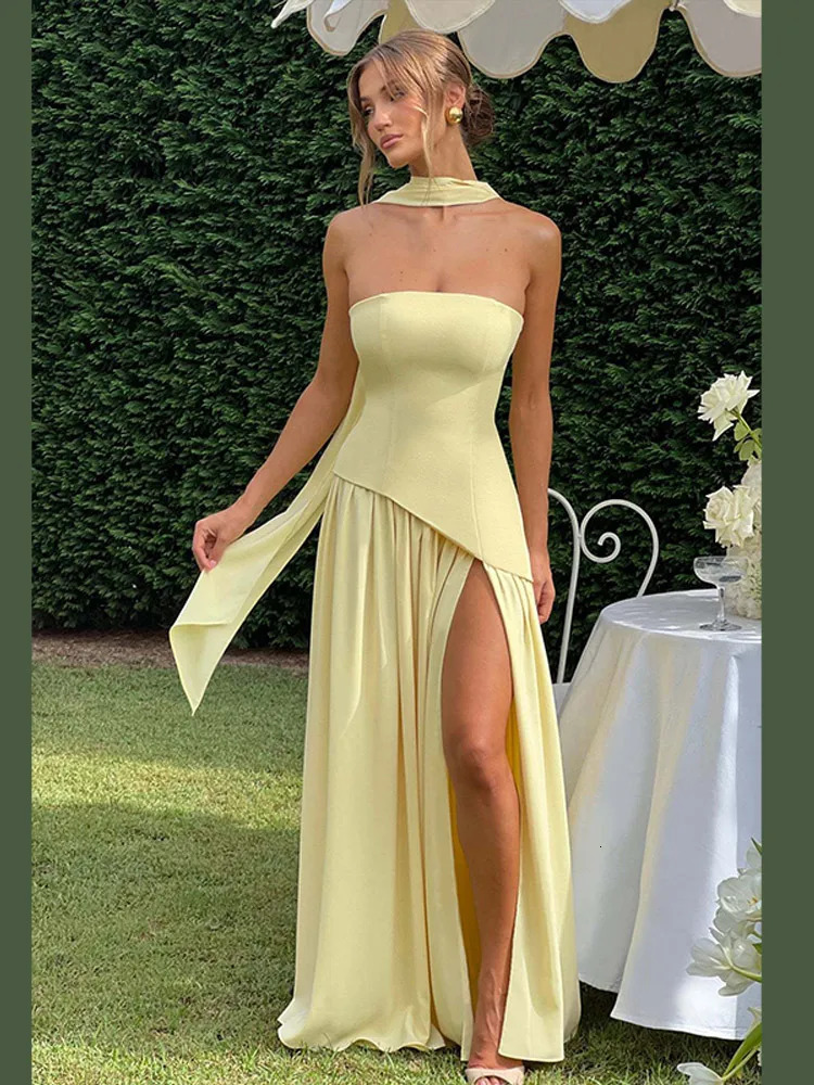 Solid Spliced Ribbon Maxi Dress Women Elegant Strapless Sleeveless Slit Long Dresses Summer Holiday Party Lady Vestidos 260731