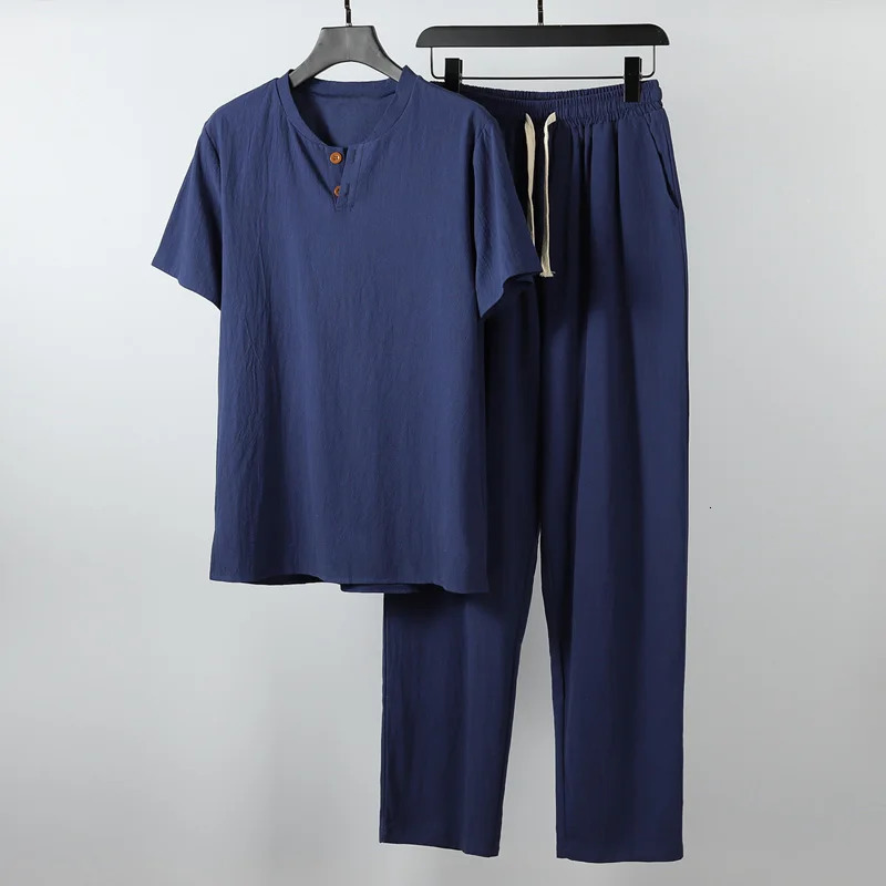 Men's Clothing Large Size Tracksuit Husband Summer Suit Linen t-shirt Fashion Male Set Chinese Style 8XL 9XL plus Two Piece 260805