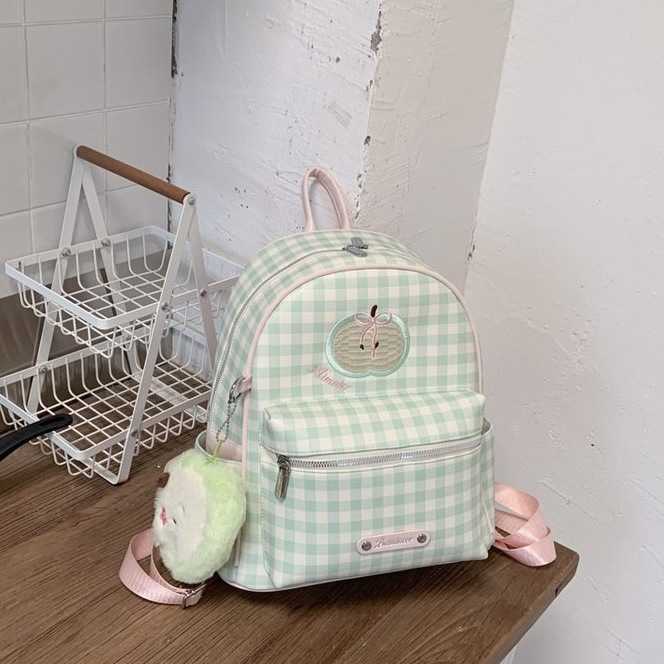 Korean-style ins fresh cartoon apple backpack for women fashionable and versatile plaid sweet and cute backpack L26720