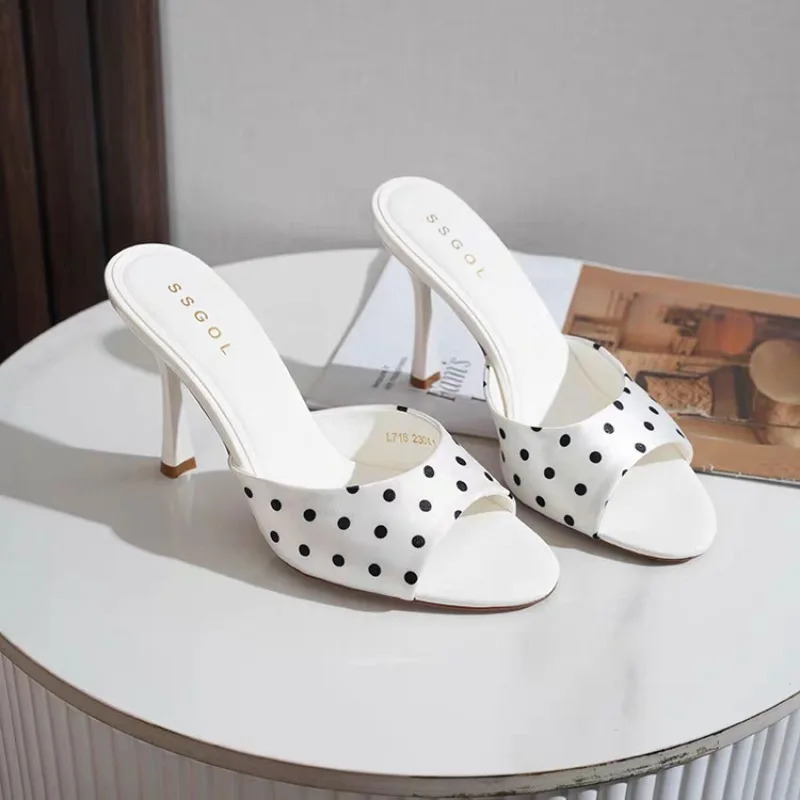 Polka-dot Open-toe High-heeled Slippers Womens Outfit Slippers with Thin Heel and One-line Sandals 260731