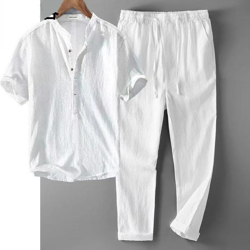 Shirt trousers 2026 summer men shirt Man Cotton Linen shirts Short sleeve men's casual shirts Men Tracksuit Two Piece Set 260805