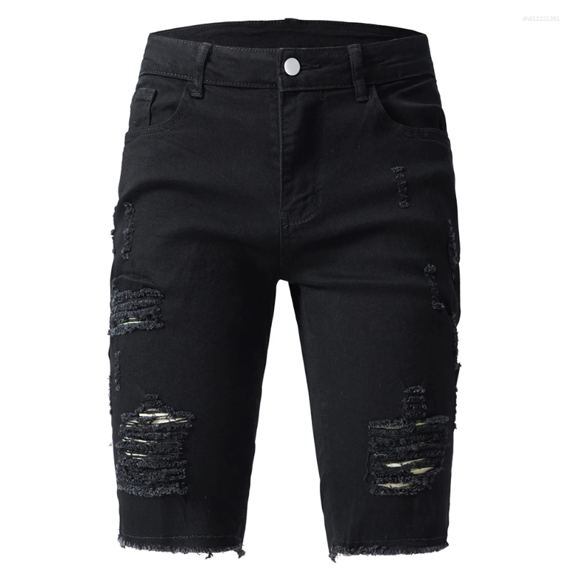 Men's Jeans Ripped Denim Shorts Summer Holes Distressed Black Stretch Jorts Knee Length Cotton Spandex Classic