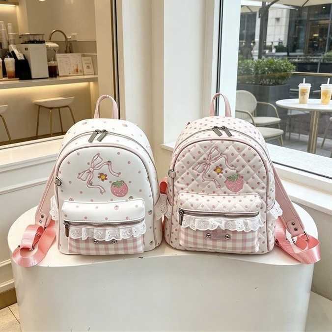 Korean-style ins sweet strawberry bow backpack for women niche design versatile plaid polka dot student schoolbag L26720