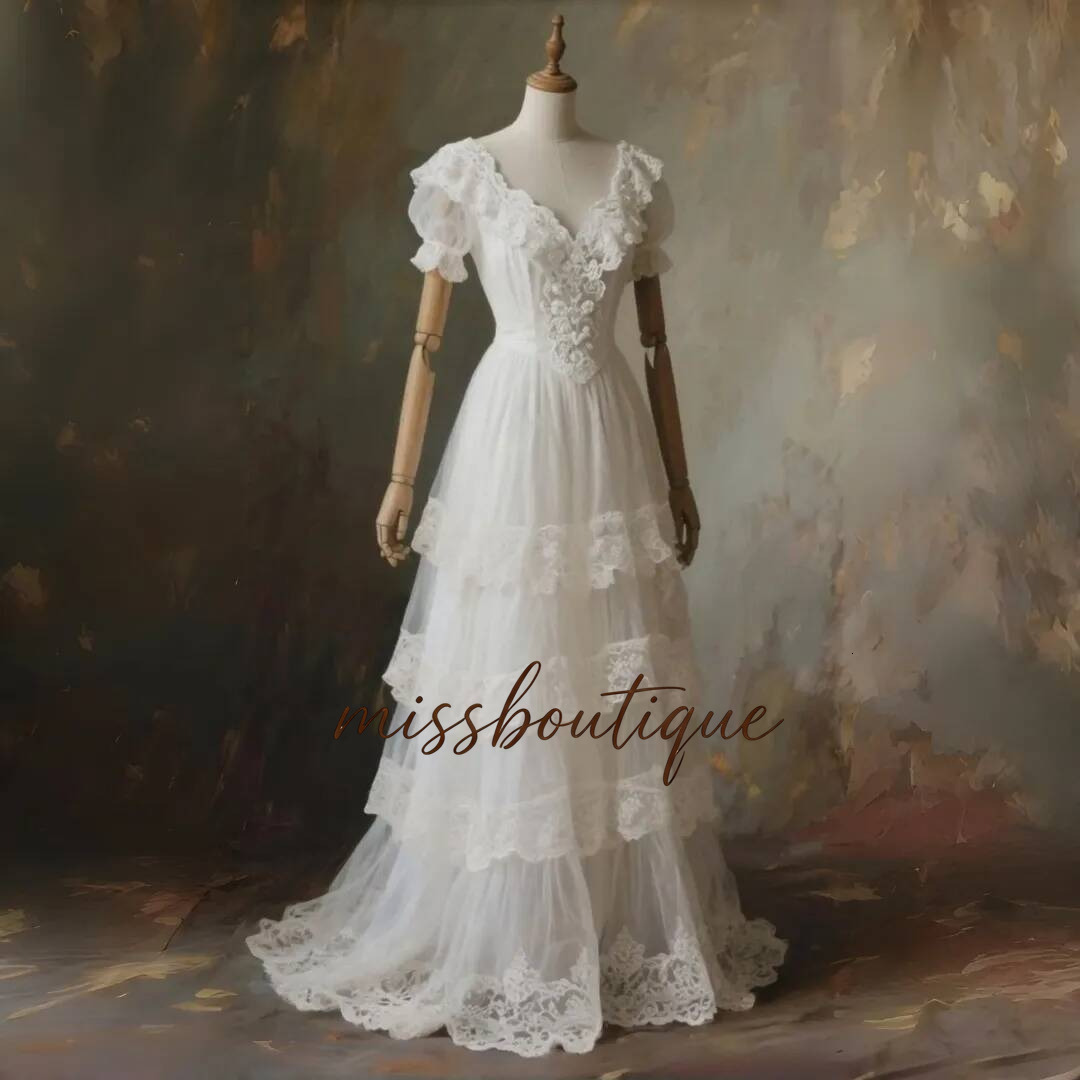 Tiered A Line Bohemian Wedding Dresses Lace Trim Appliques V Neck Short Sleeves Boho Bridal Gowns Floor Length Sweep Train Beach Bride Dress Custom