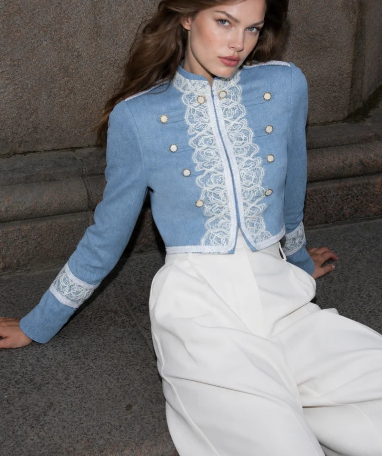 Lace Trim Patchwork Womens Denim Jacket Stand Collar Full Sleeve Cropped Napoleon Coat 2026 Autumn Chic Women Casual Outfit 260731