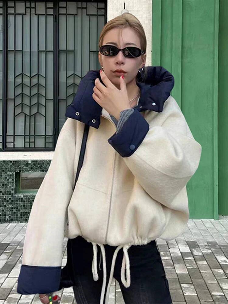 Oversize Hat Designer Fashion Woolen Contrast Color Coat Women Zipper Casual Thicken Warm Long Sleeve Jacket 2026 Winter Pocket Street Outwear
