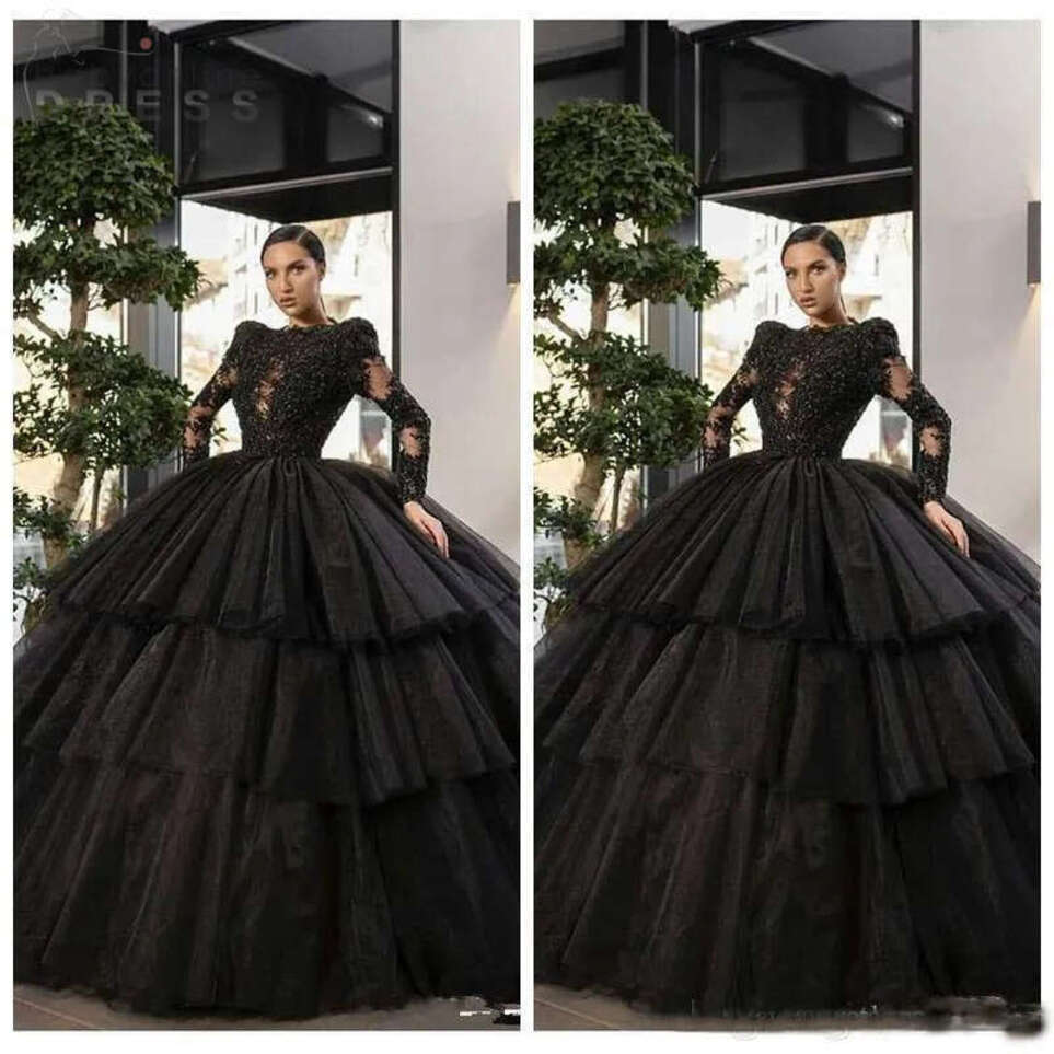 Elegant Ball Gown Black Quinceanera Dresses Lace Appliques Tulle Tiered Special Occasion Party Gowns Formal Long Vestidos De Soiree
