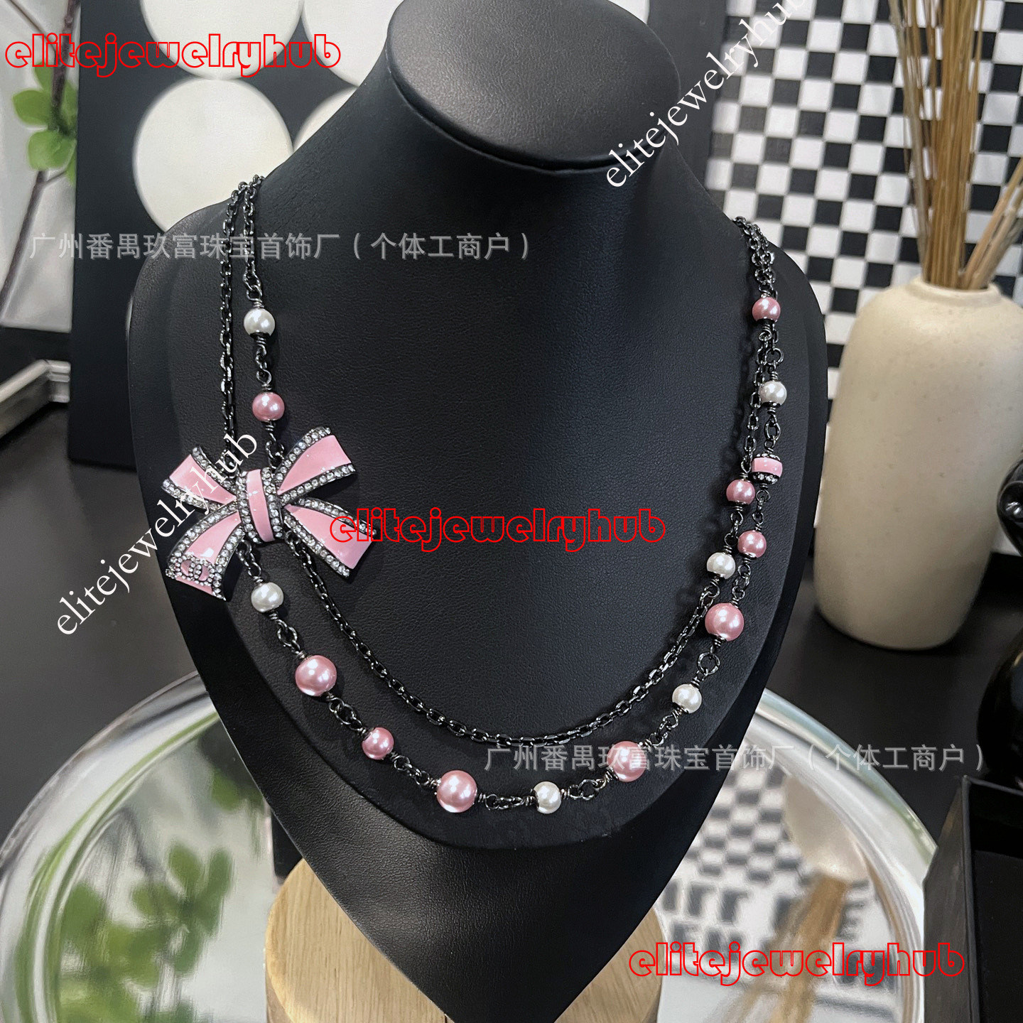 Women Channel Jewelry Pink Sweet Elegant Enamel Bowknot Pearl Double-Layer Necklace Light Luxury CC Necklace