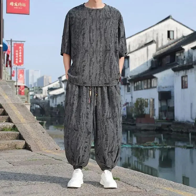 Men's Chinese Style Linen Co-ord Set Oversized Jacquard T-Shirt Harem Pants Two Piece Outfit 260805