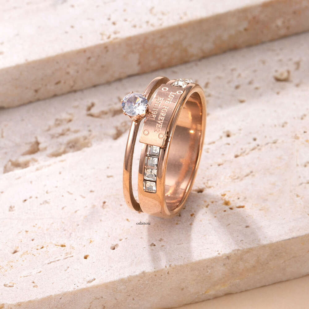 bestseller 925 Sterling Silver 18K Gold ring fashionable elegant couple's ring with double-layer welded plate engraving and six-prong diamond i