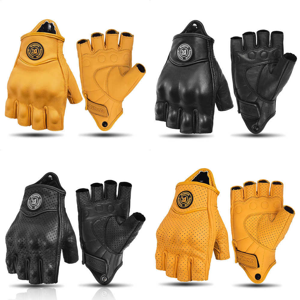 MJMOTO Vintage Leather Motorcycle Gloves Half Finger Touchscreen Off Road Riding Gloves with Hard Shell Protection Breathable J260805