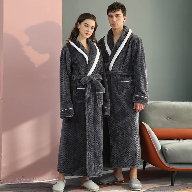 Winter Lovers Solid Flannel Thicken Robe Sets Couple Long Bathrobe Gown Nightwear With Pocket Intimate Lingerie Home Clothing 260805