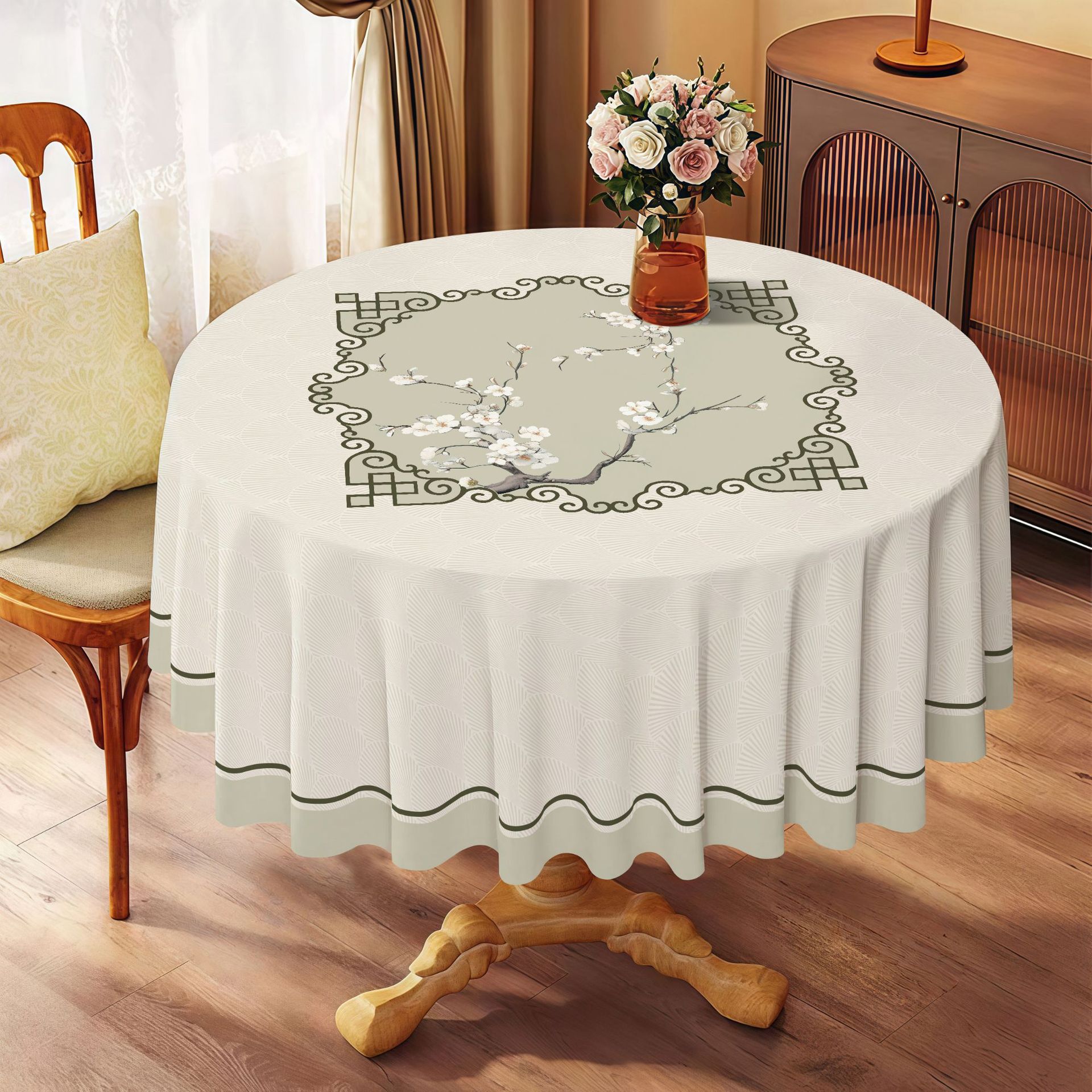 YL-39031 Nappe ronde en PVC de style ethnique personnalisée avec motif de fausse broderie imperméable, résistante à l'huile, à la chaleur et sans