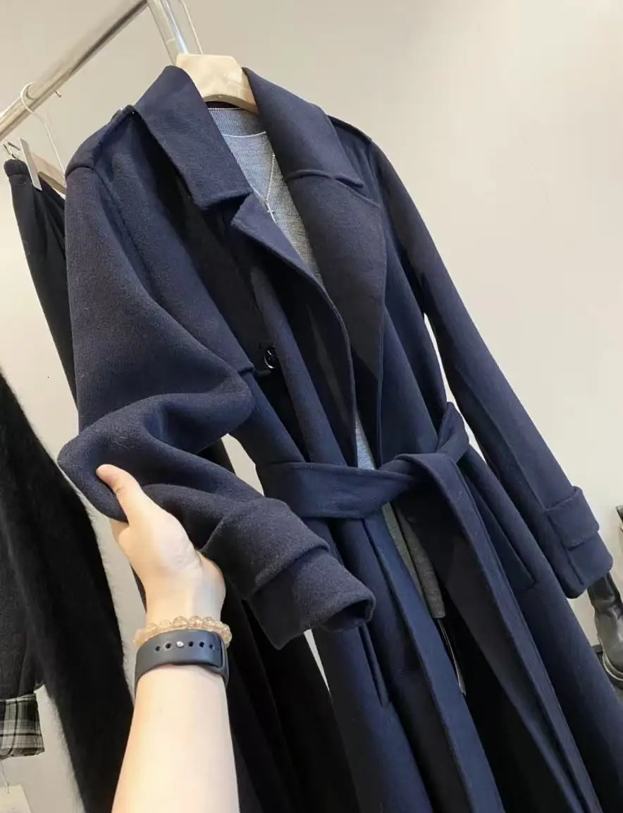 Original Women's style wool blend woolen coat with belt double-sided fleece long woolen coat 260803