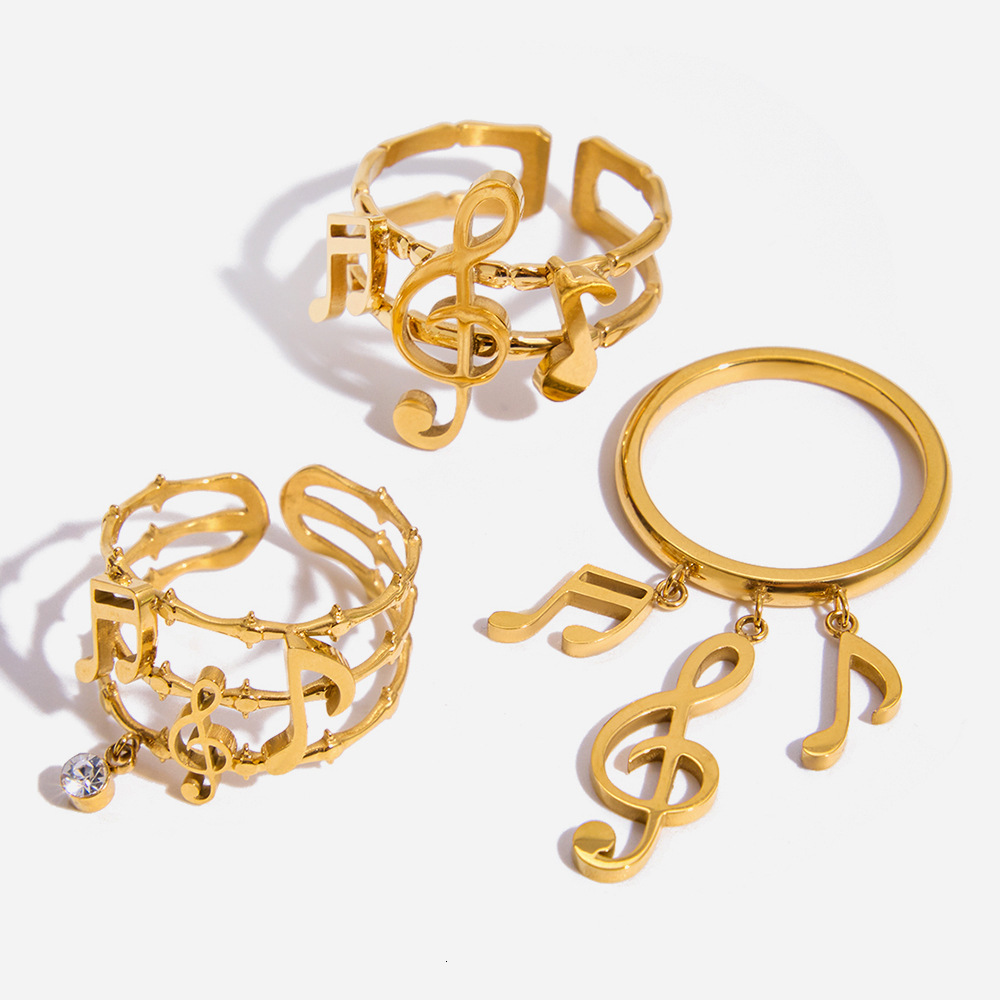 Elegant and unique design, 18K gold stainless steel musical note double-layer hollow adjustable open ring jewelry
