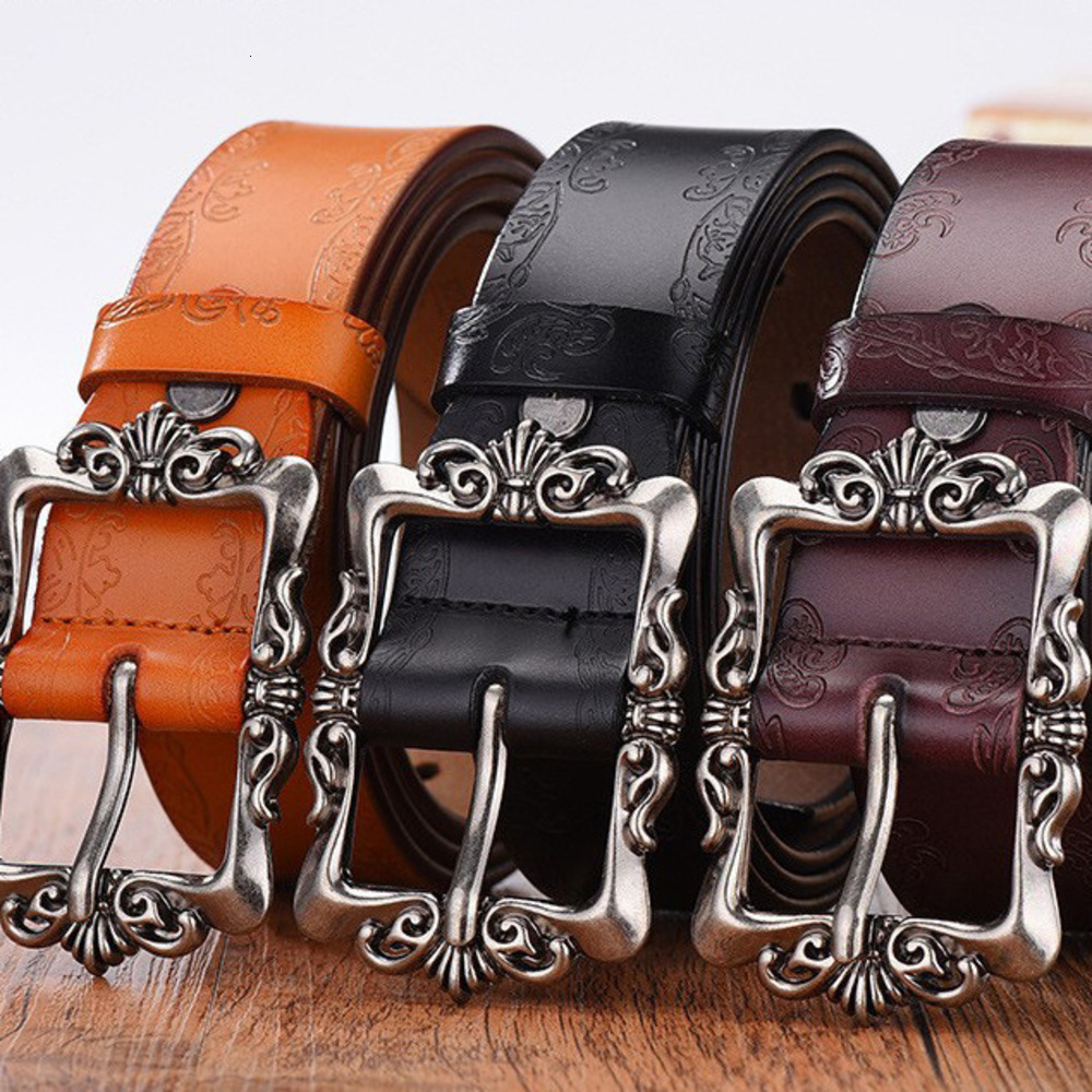 Fashion Wide Genuine Leather Belts for Women Vintage Floral Buckle Woman Belt High Quality TCS355 Ceinture Femme
