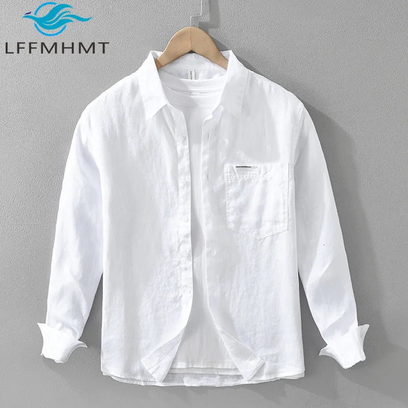 7627 100% Linen White Shirt for Men Spring Summer Fashion Solid Color Long Sleeve Simple Basic Business Casual Lapel Blouse Tops 260805
