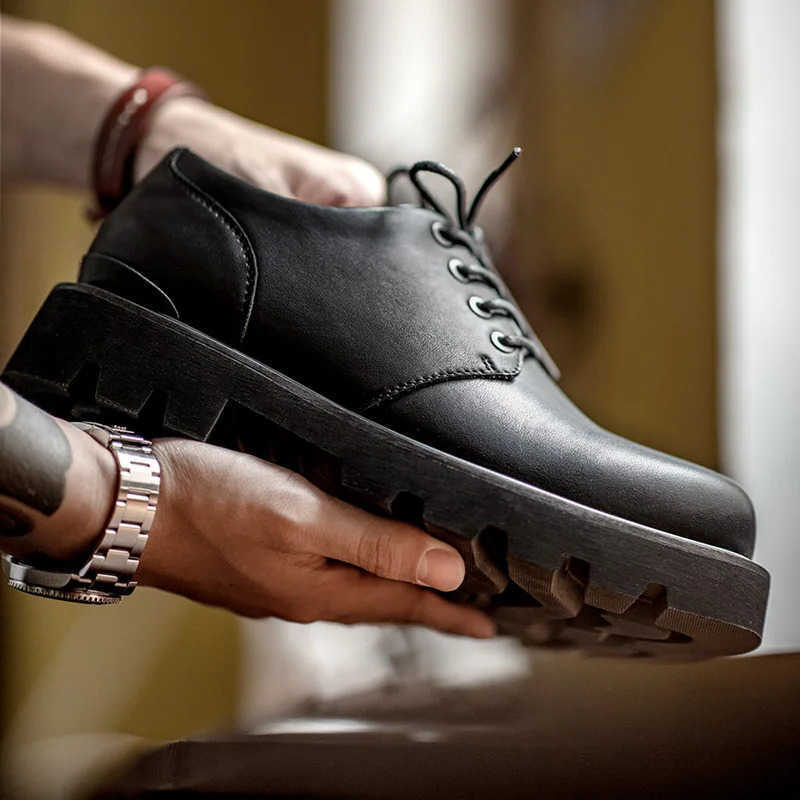 Matte Men's Maden Black Vintage Derby Shoes for Spring and Autumn Casual Low-top Boots Thick Sole Lace-Up Dress Work Shoes H260805