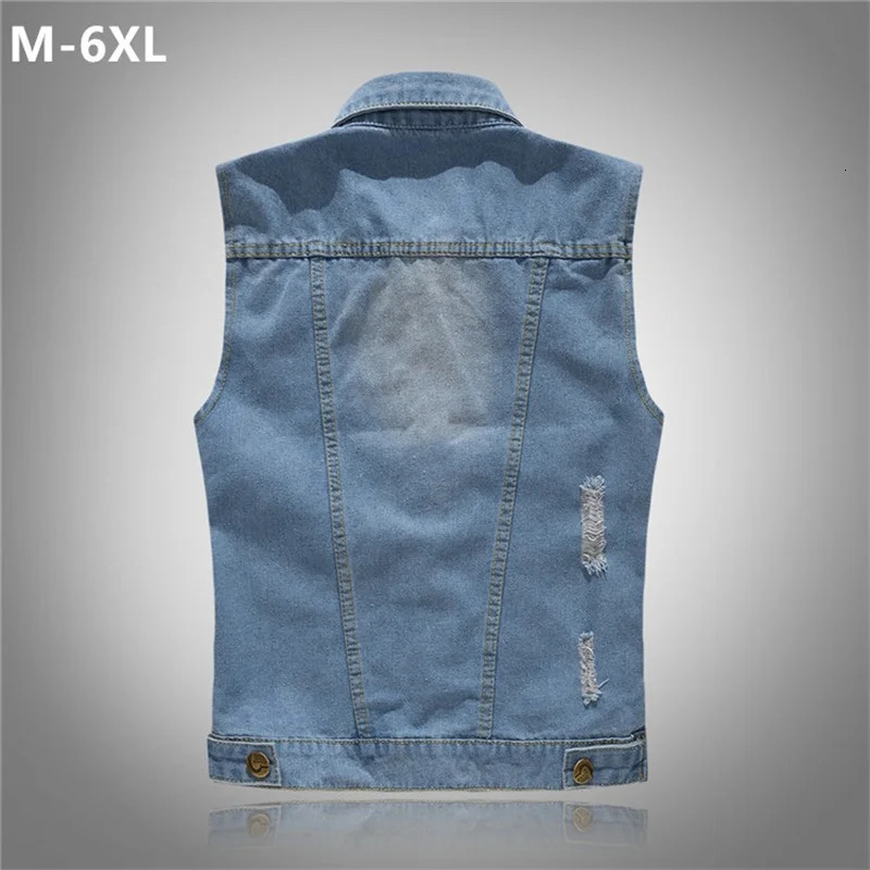 Ripped Denim Waistcoat Men Korean Fit Fashion Light Blue 6XL 5XL Plus Size Sleeveless Jeans Jacket Scratched Male Vest 260803