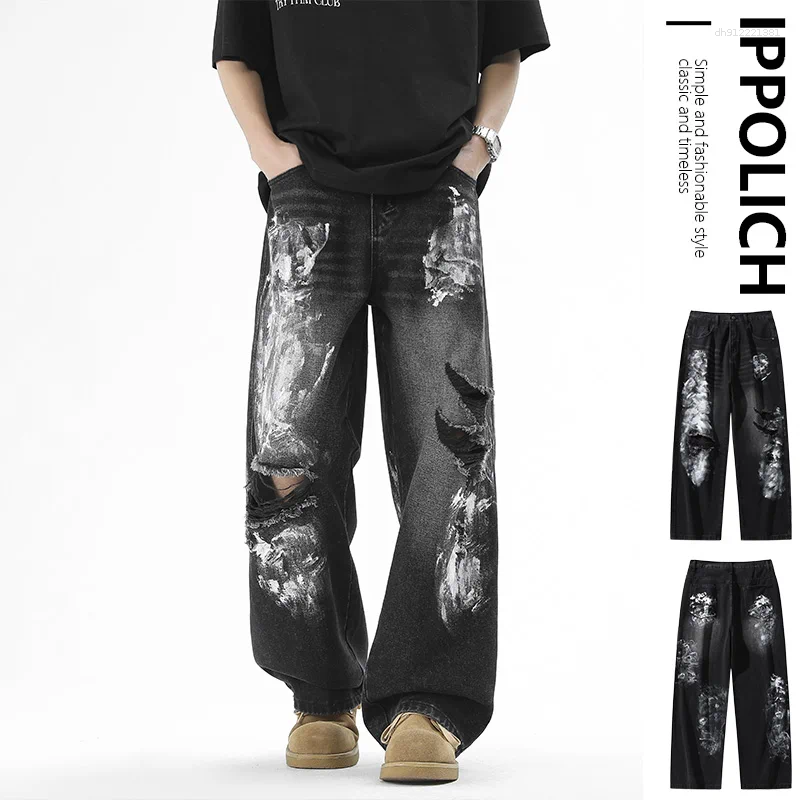 Men's Jeans Fashion Wide-Leg Pants Gothic Men Loose American Hip-hop High-waisted Ripped Print Casual High Street Trousers
