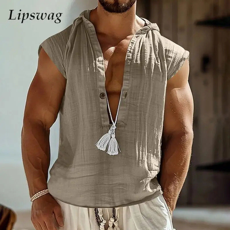 Casual Mens Loose Hooded Vest Shirt Summer Daily Leisure Breathable Linen Tank Top Men Vintage Sleeveless Deep V Neck Shirts 260805