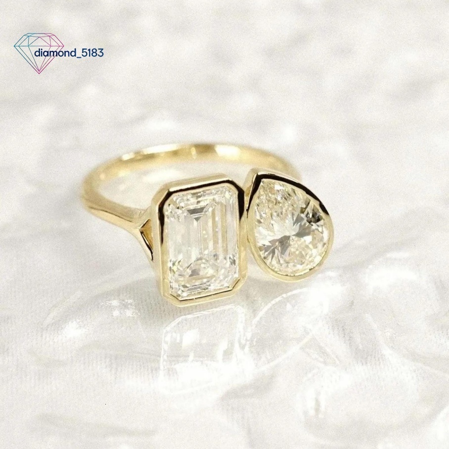 Toi Et Moi Emerald Pear Cut Moissanite for Certified Classic Style Engagement Ring Gold 925 Sterling Silver Wedding Band Bezel