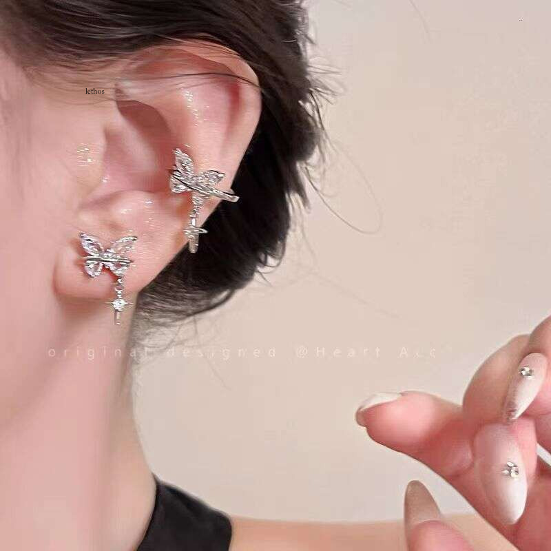 Heart-stirring DNA! Butterfly starburst zircon silver needle earrings women, light luxury niche exquisite ear cuffs for non-pierced ears