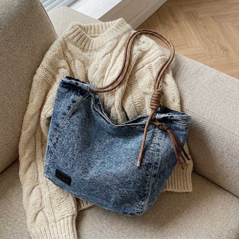 Denim Washed Women's Tote Vintage Bag Leather Braided Drawstring Casual Commuter Shoulder Bag Daily Large Capacity Handbag H260805