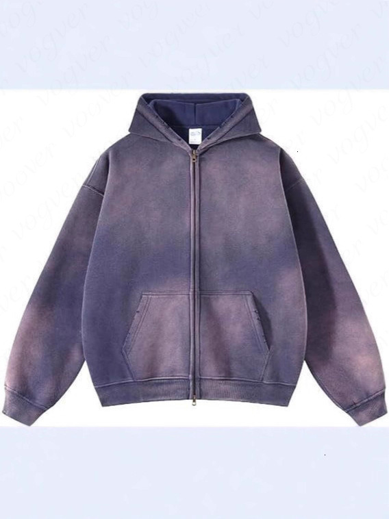 Designer 2026 European American high street autumn and winter spray-dyed, washed, distressed 360g fleece-lined double-zipper hoodie, vintage style
