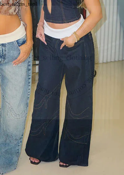 Women's Streetwear Hole Denim Wide Leg Revice Pants Waist Patchwork Belt Individuality Fashionable Quality High End Jeans Washed Denim Jeans De