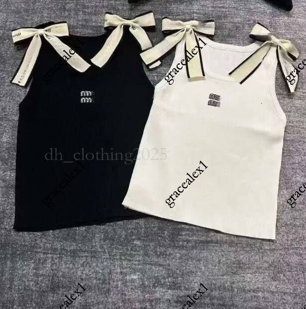 miu tank top Womens Cropped Tee Shirts Sleeveless Bow Shoulder High Waist Sexy Slim Tank Tops Designer Miu T Shirt Elegant Casual Clothes Embroidery