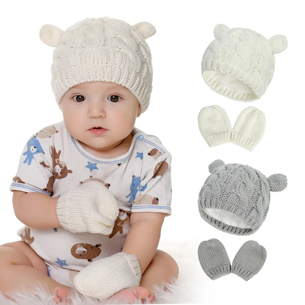 Baby Knitted Beanie With cologne Lovely Small perfume Ear And Full Finger Glove 2Pcs Set Children Winter Warm Hat Yarn Thick Snow Cap Gorro Black Wh