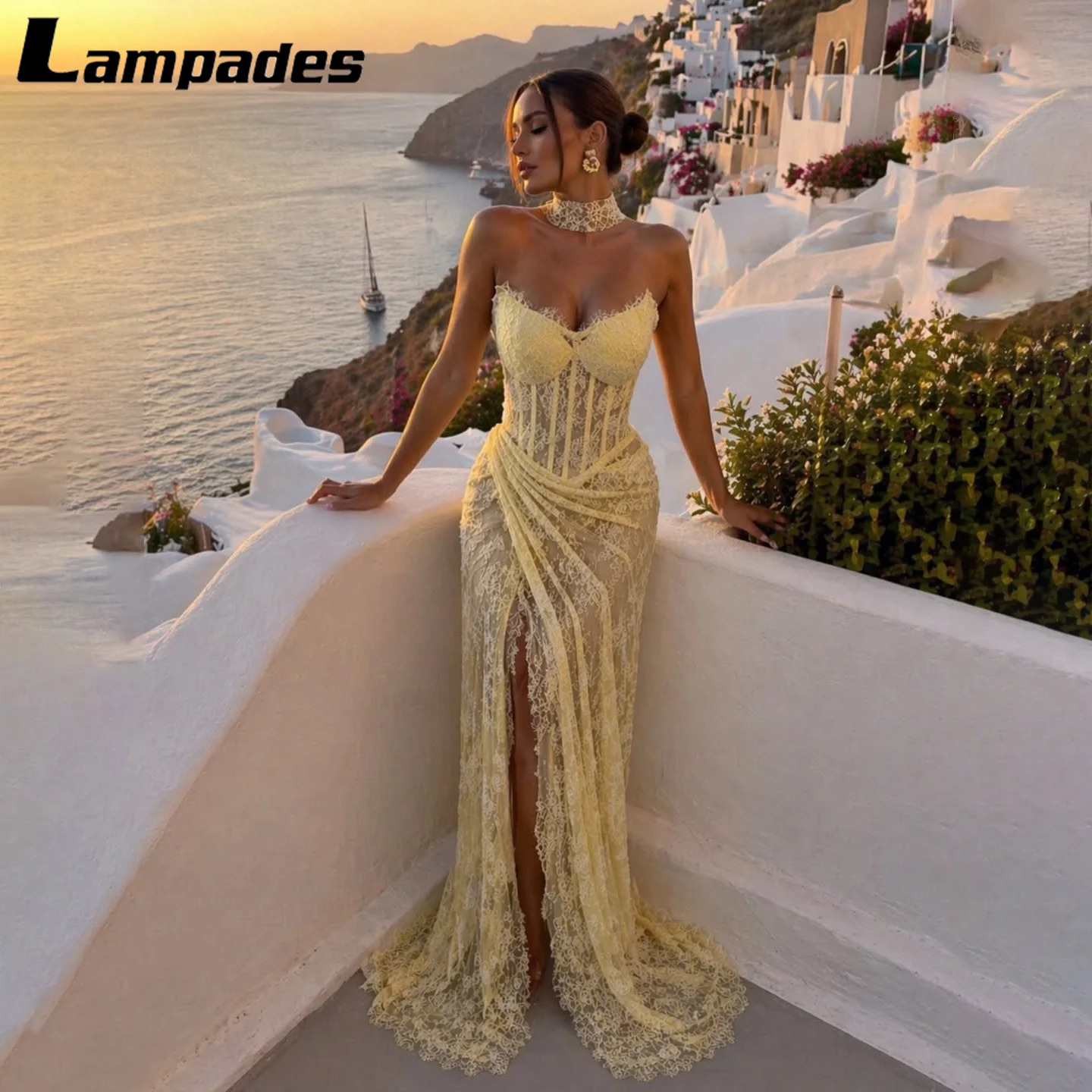 Custom Elegant Yellow Lace Corset Mermaid Maxi Dress with High Neck Detailing and High Slit Formal Evening Prom Party Gown 260731