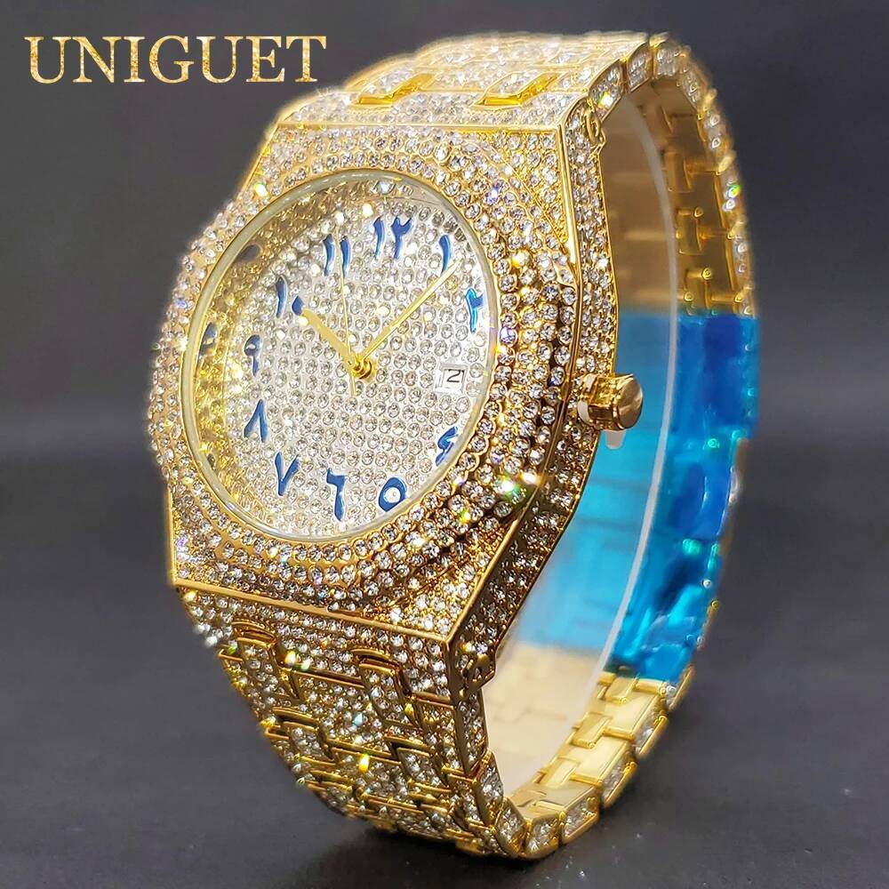 Gold Watch For Men Full Diamond Hip Hop Iced Out Men's Watches Blue Number Calendar Waterproof Octagonal Luxury Wristwatches 26Y0805
