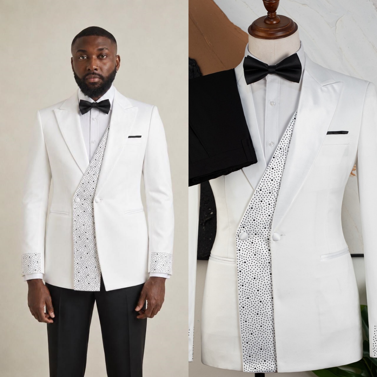 Modern Men Suits 2Pieces Peaked Lapel Beads Jacket Double Breasted Blazer Tailor-Made Customized Coat Black Pants Costume Homme Plus Size