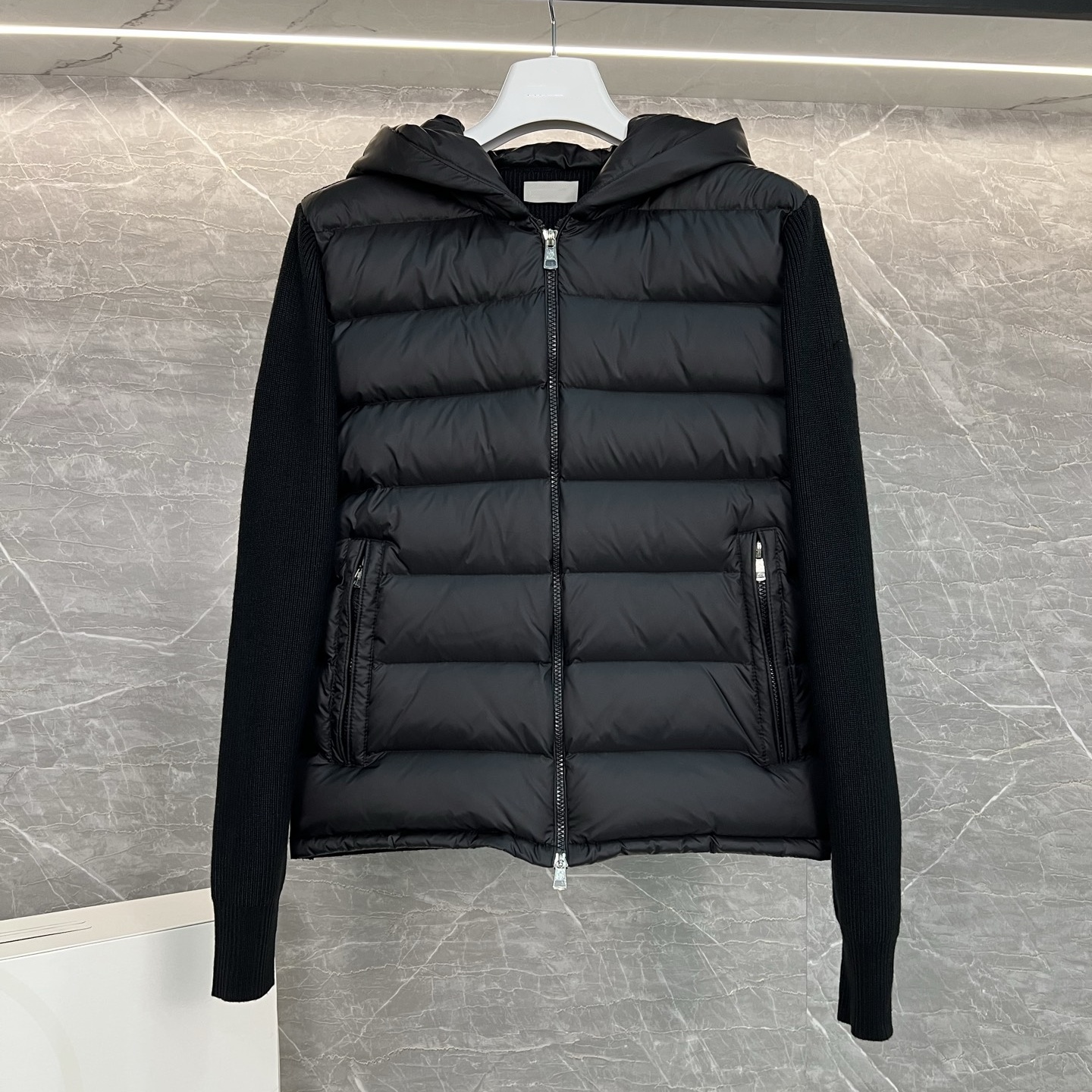 Black Cashmere Touch Cardigan Men Wool Down Front Zip Up Quilted Warm Coat