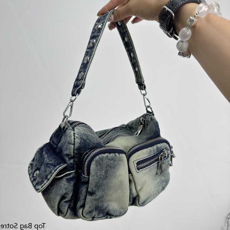 Bag Denim Shoulder Women's Washed Vintage Multi-Pocket Distressed Underarm Bag Biker Utility Street Casual Everyday H260805