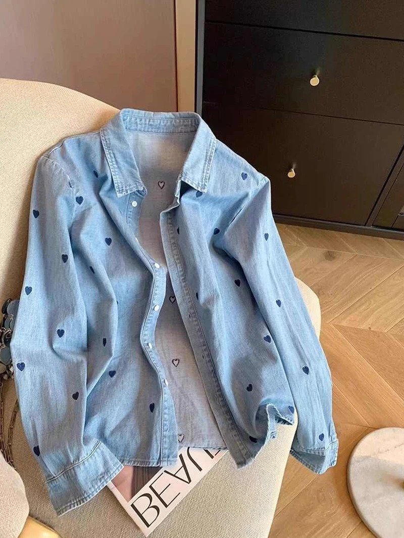 American Retro Blue Soft Denim Shirt Womens Spring Autumn Heart Print Thin Coat Casual Versatile Loose Long Sleeve Top 260730