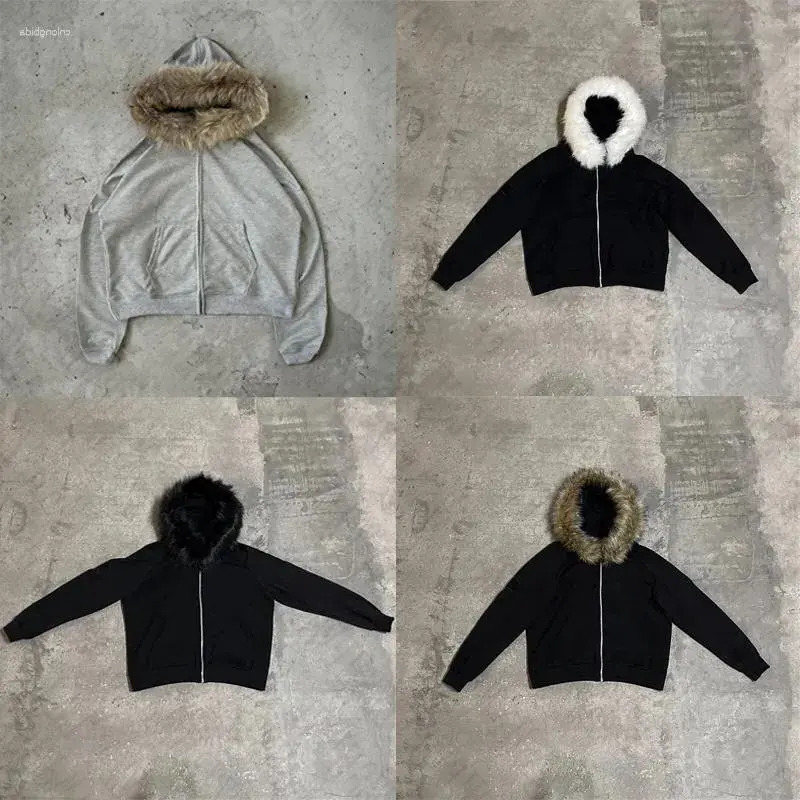 Men's Hoodies Zip Up Hoodie Solid Color Plush Coat Men Clothes Fur Collar Hip Hop Streetwear Harajuku American Style Hooded Sweatshirt