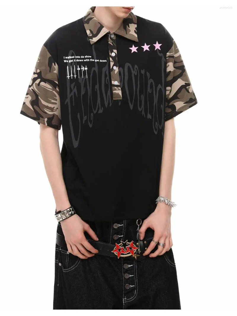 Men's Polos 2026 Summer Hip Hop Polo Shirt Text Star Print Camouflage Collared Sleeves Street Casual Trendy Versatile Niche Top Unisex