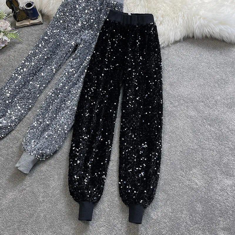 Women's Pants Early Spring Fashion High Waist Leg Bundle Sports Style Haren Sparkling Sequin Lantern Casual For Women