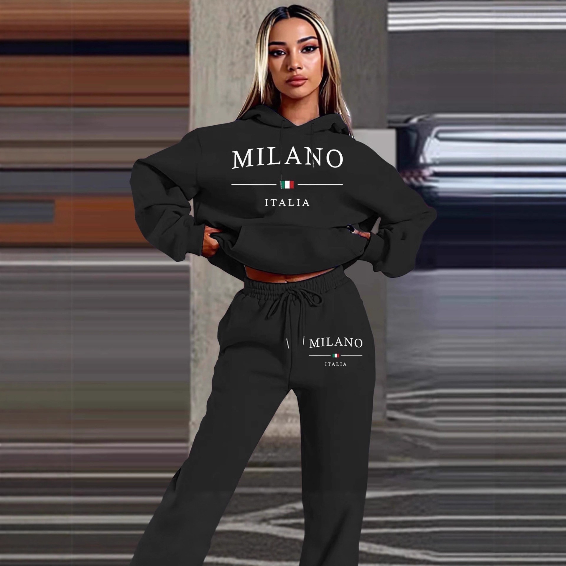 European And American Trendy Plus Size Fleece-Lined Set New Fashion Letter Print Women's Sweatshirt