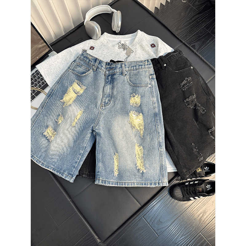 American-style work shorts for men summer thin model 2026 loose straight-leg denim shorts trendy brand patchwork five-point pants S260804KB50