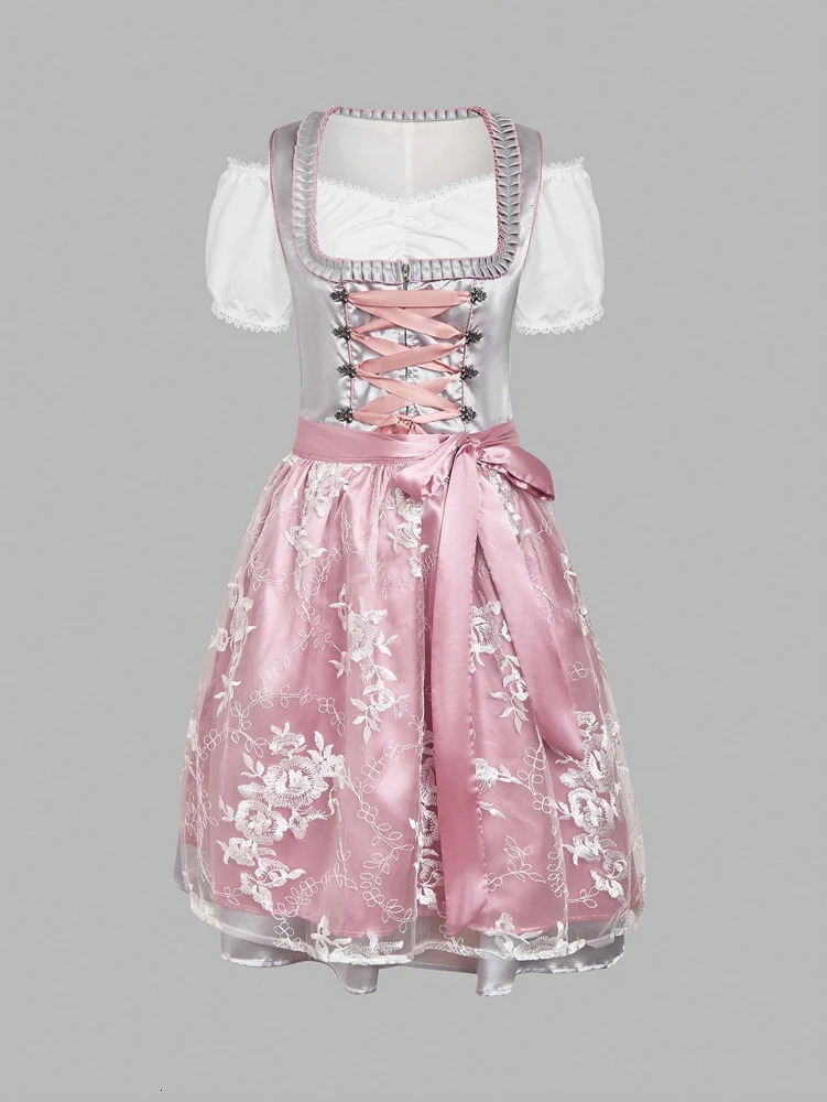 Womens Munich Oktoberfest Costume Three-Piece Set German Skirt Bavarian Grey Blouse White Apron Traditional Festive Outfit 260731