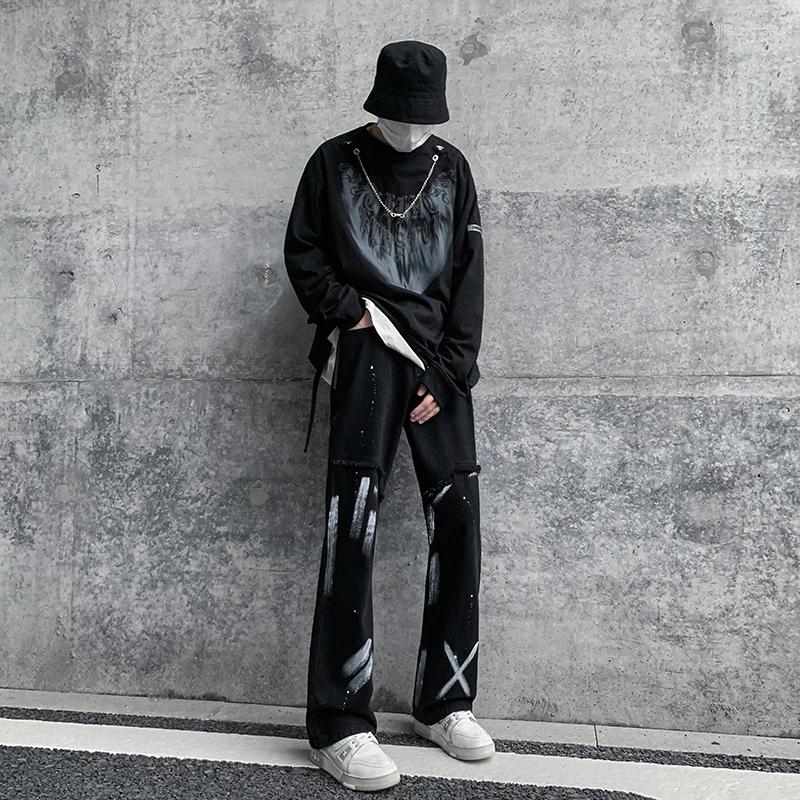 Men's Jeans Black Tie Dye Bell Bottom High Street Style Spring Autumn Wearable Slim Fit Long Trousers Retro Brand
