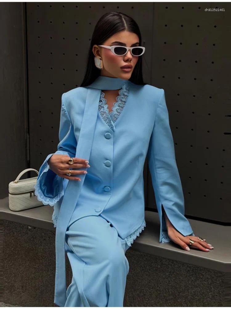 Women's Two Piece Pants Neck Tie V Lace Trim Single Breasted Waistcoat Split Cuff Matching Outfit For 2026 Spring Office Wedding Guest Women