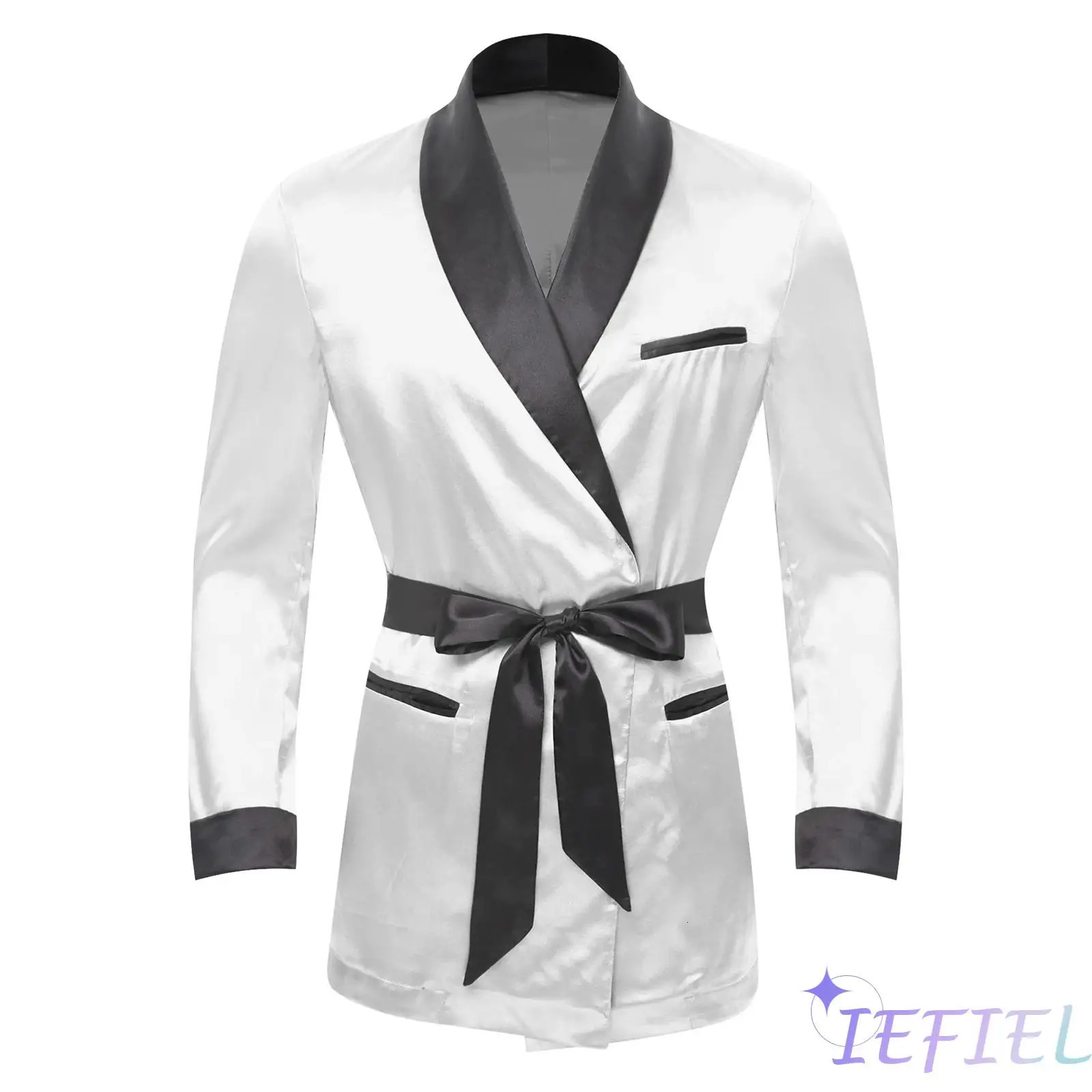 Mens Satiny Smoking Jacket Robe Nightwear Sleepwear V-Neck Short Coats House Kimono Bathrobe with Belt Gym Wear Spa Bathing Suit 260805
