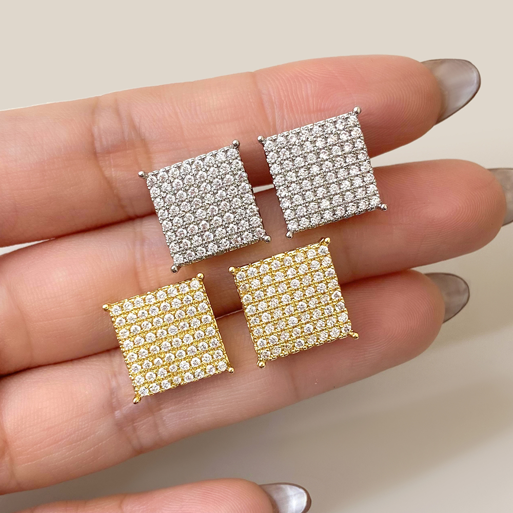 Ready To Ship Factory Price Hip Hop 18K Gold Plated Cubic Zirconia Square Stud Earrings for Women