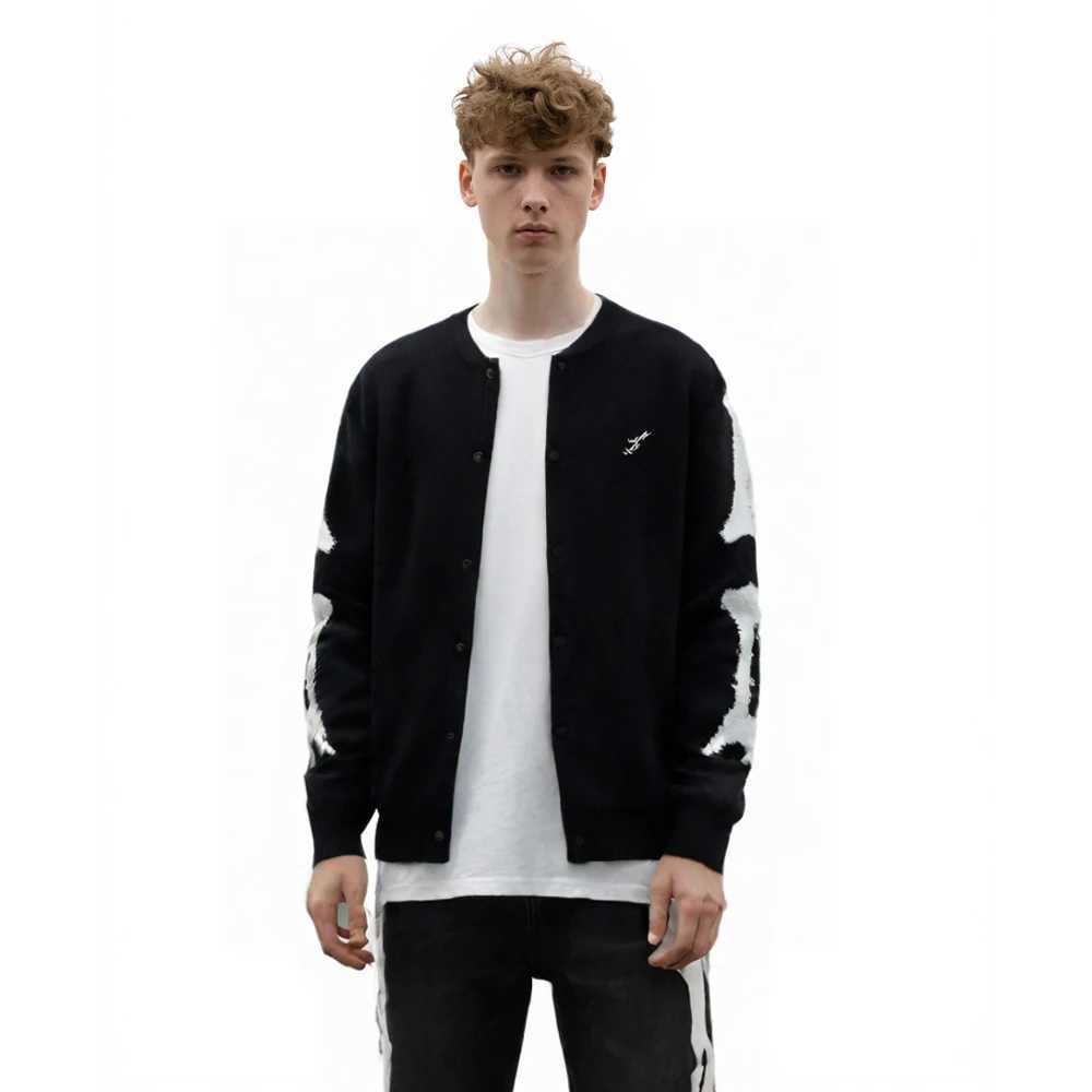 Men's Cardigans Strt Wear V Neck Knit with Bone Patterned Hip Hop Strt Style Knit Sweater Casual Cotton Long Slve Sweaters S260805ORK4
