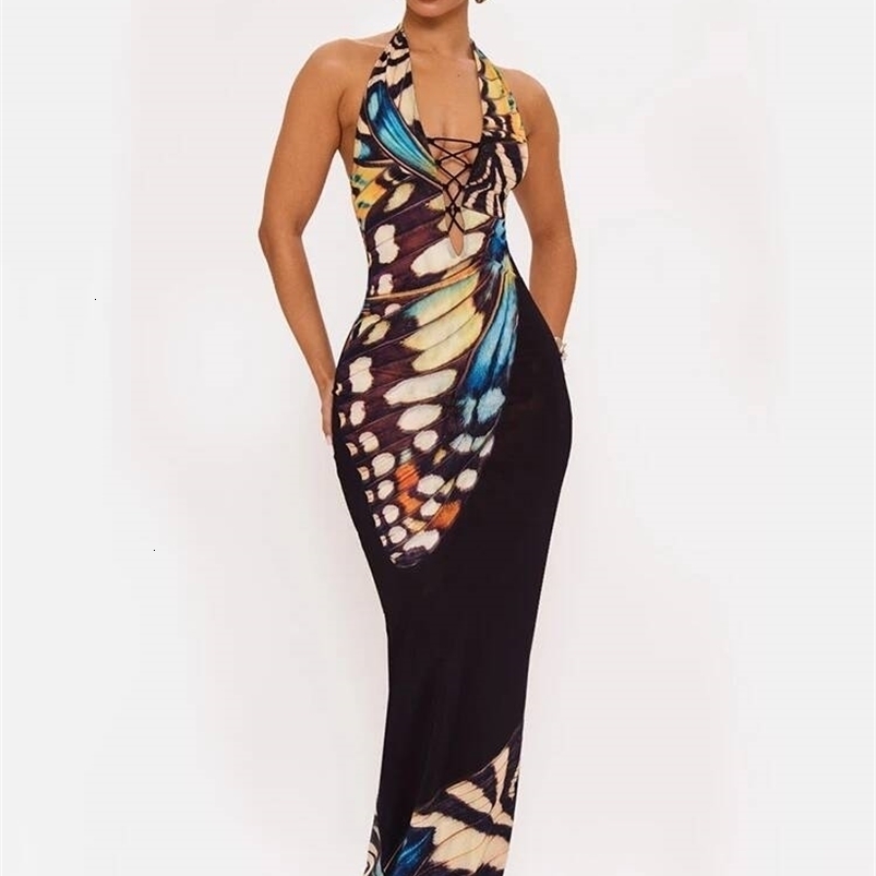 Mozision Women Butterfly Halter Maxi Dress Deep V Neck Bodycon Long Dress Sleeveless Backless Evening Party Club Dresses a260730
